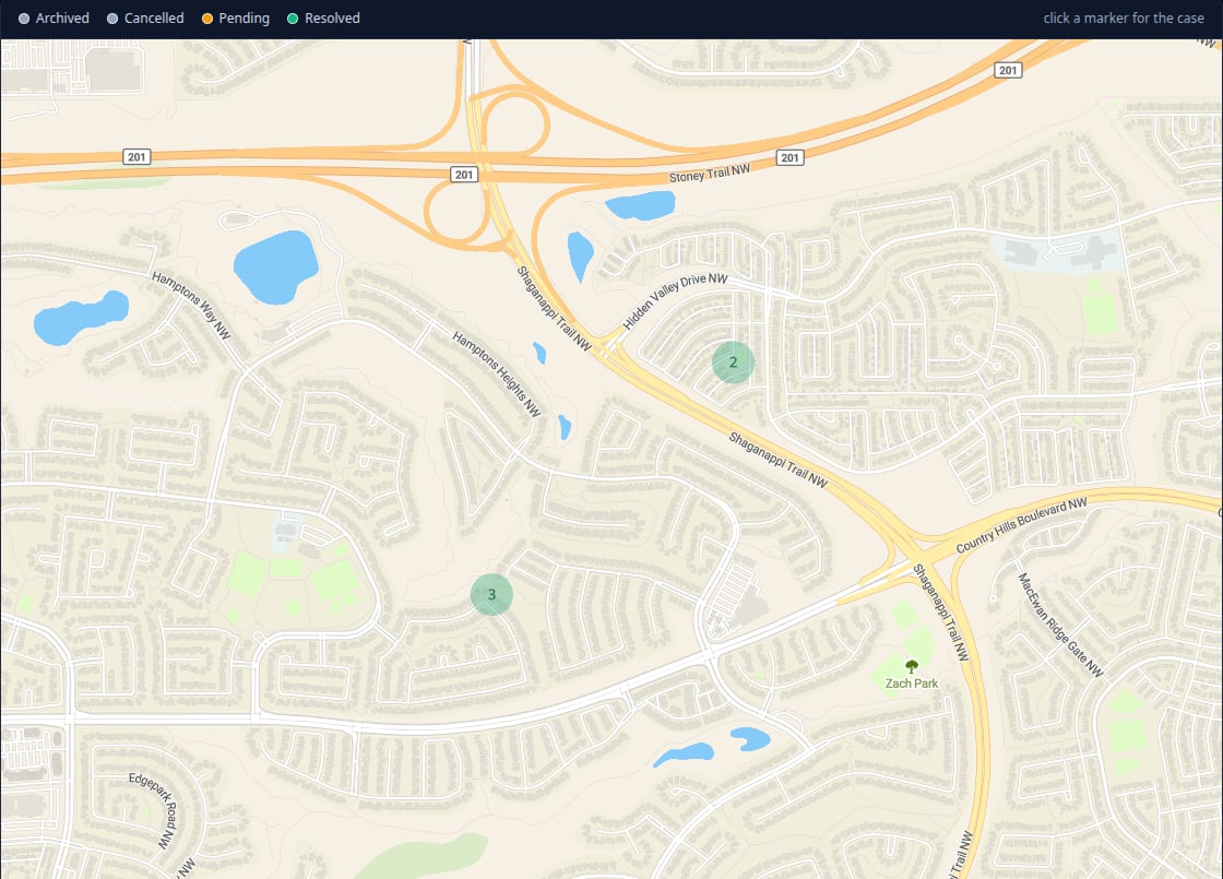 The Lost & Found web app's live map: clustered case markers over an OpenStreetMap basemap, with a colour legend for pending, resolved, cancelled and archived cases.