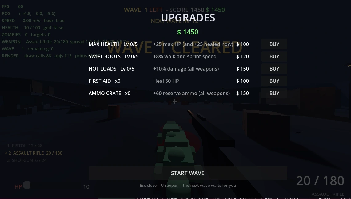 Zombie Arena development build: the between-waves upgrade shop listing max health, swift boots, hot loads, first aid and an ammo crate with buy buttons, an upgrade balance, a START WAVE button and the wave-cleared banner behind the panel.